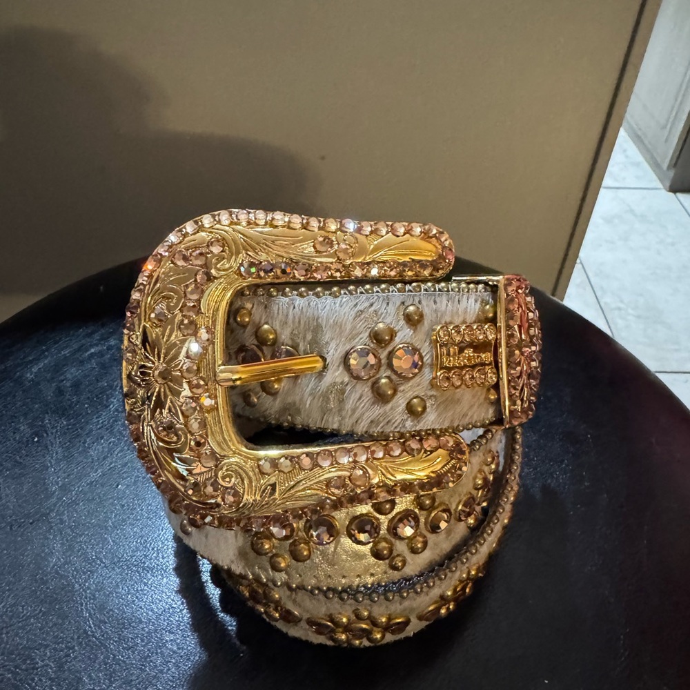 BB Simon Embellished Gold Buckle Beige Women's Belt